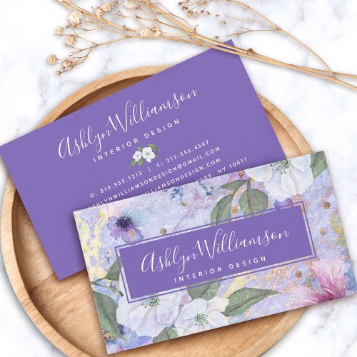 Vintage floral watercolor script purple blue gold business card