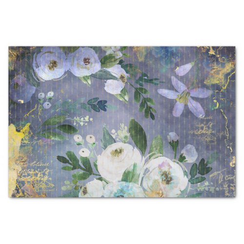 Vintage floral watercolor script steel blue gold tissue paper