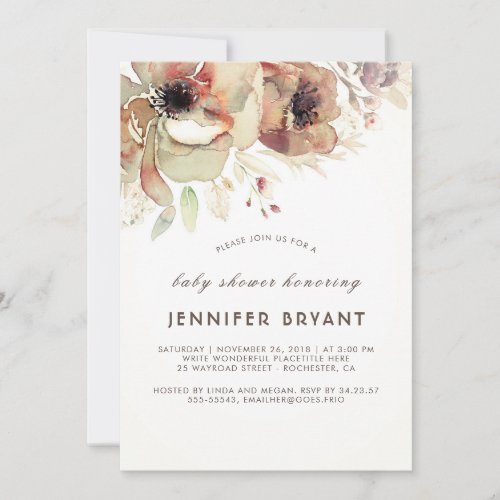 Vintage Floral Watercolors Fall Baby Shower Invitation - Gorgeous watercolor flowers vintage fall baby shower invitations.