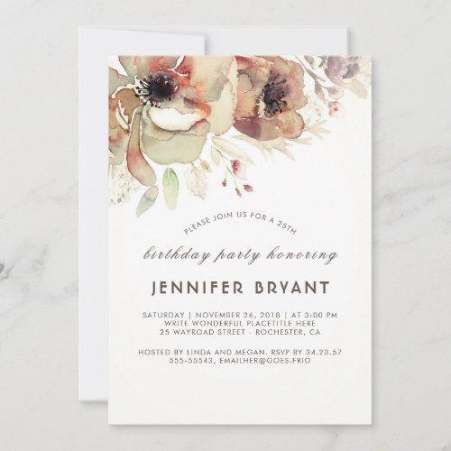Vintage Floral Watercolors Fall Birthday Party Invitation - Gorgeous watercolor flowers vintage fall birthday party invitations.