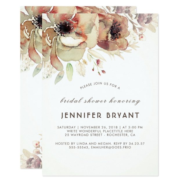 Vintage Floral Watercolors Fall Bridal Shower Invitation