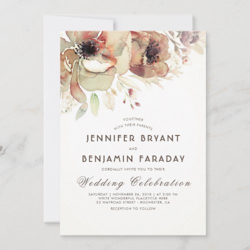 Vintage Floral Watercolors Fall Wedding Invitation - Gorgeous watercolor flowers taupe and maroon vintage fall wedding invitations. --- All design elements created by Jinaiji