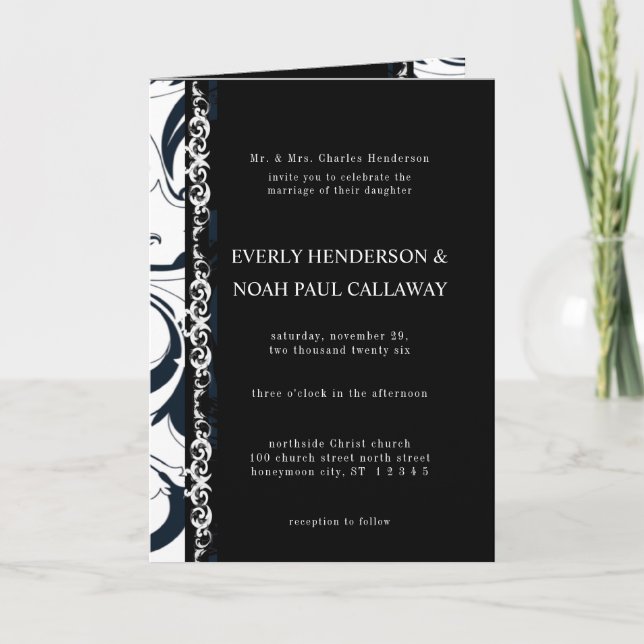 Vintage Floral Wedding Black & White Bifold  Invitation (Front)