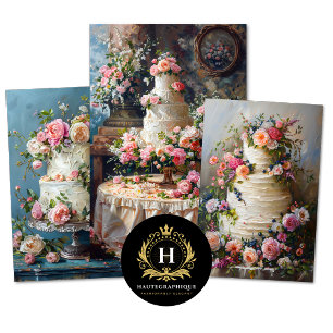 Vintage Floral Wedding Cake Food Bakery Decoupage Wrapping Paper Sheets