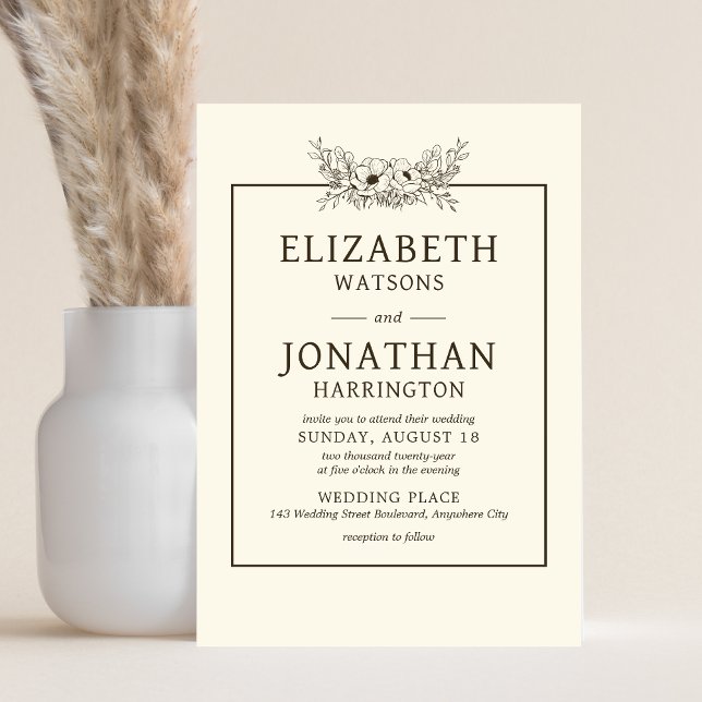 Vintage Floral Wedding Invitation (Vintage Floral Minimalist Wedding Invitation)