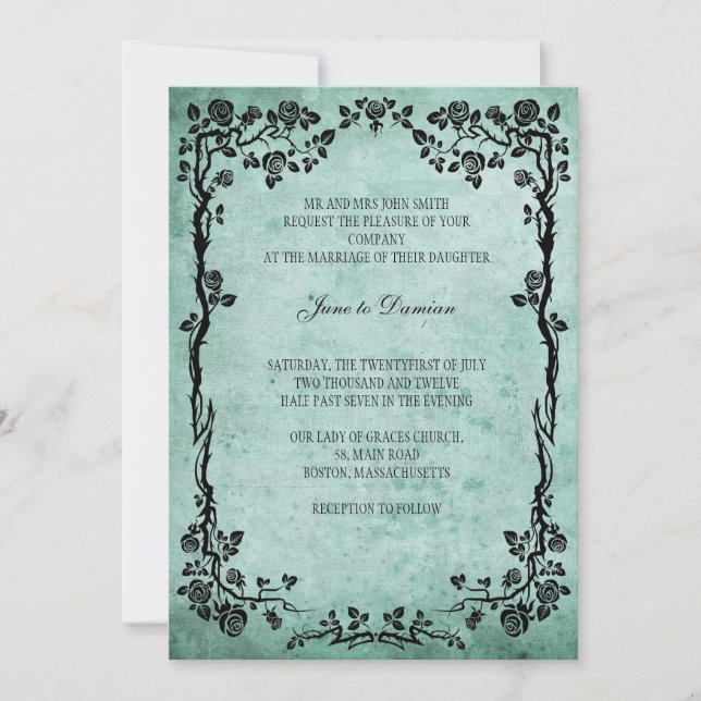 Vintage Floral Wedding Invitation in Blue (Front)