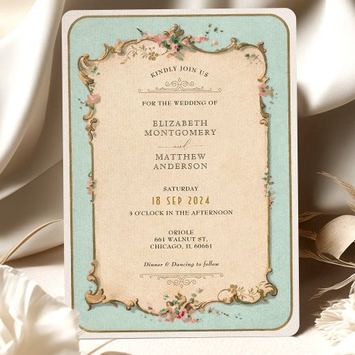 Vintage Floral Wedding Invitation with Mint Accent