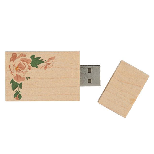 Vintage Floral Wedding Invitation Wood Flash Drive (Opened)