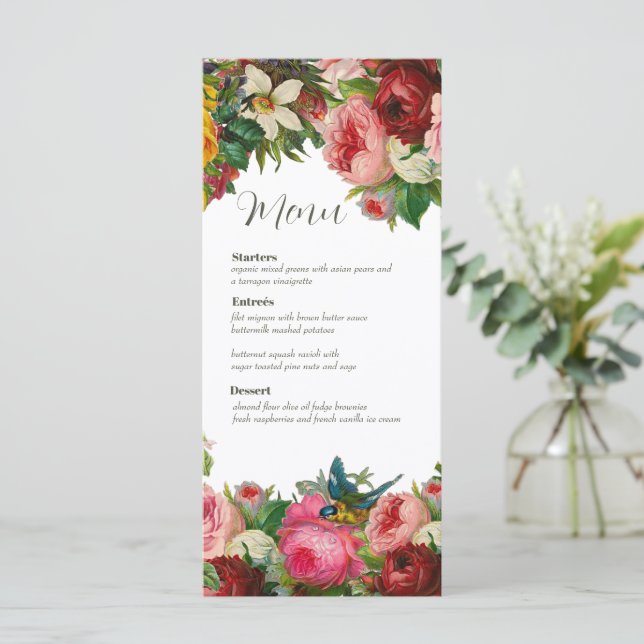 Vintage Floral Wedding Menu Card  (Standing Front)