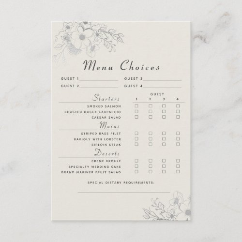 Vintage Floral Wedding Menu Choice