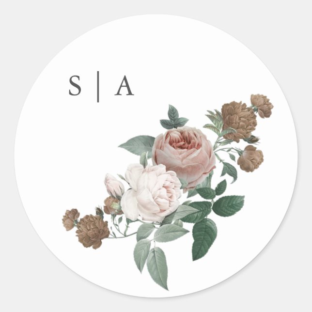 Vintage floral wedding monogram classic round sticker (Front)
