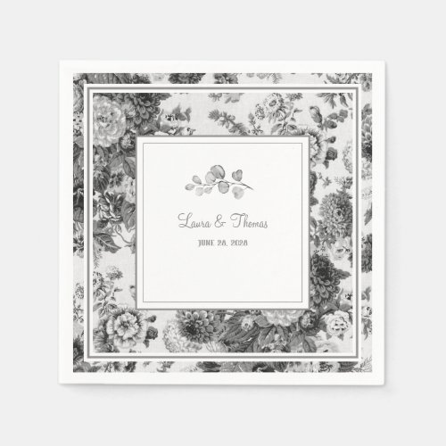 Vintage Floral Wedding Names Date Classic Cocktail Napkins