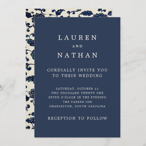 Vintage Floral Wedding  Navy and Cream Invitation