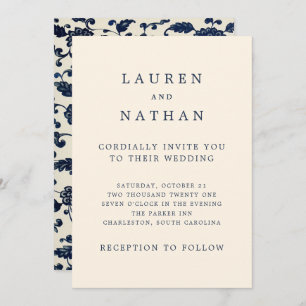 Vintage Floral Wedding Navy and Cream Invitation