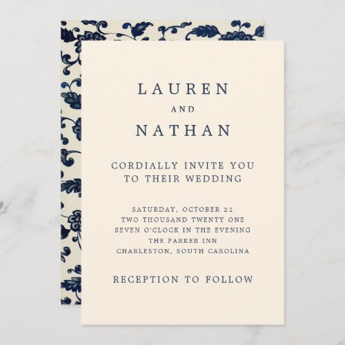 Vintage Floral Wedding  Navy and Cream Invitation