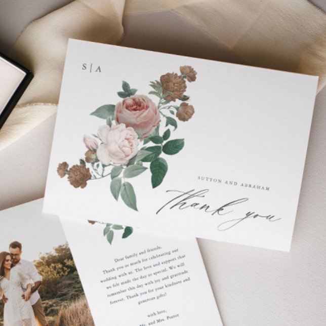 Vintage floral wedding photo thank you card (Elegant Floral Wedding Photo Thank You Cards.)