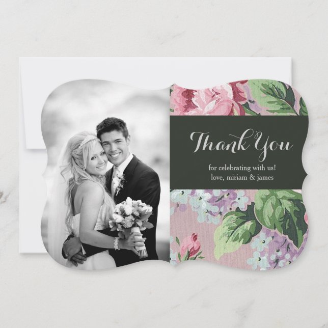 Vintage Floral Wedding Photo Thank You Card (Front)