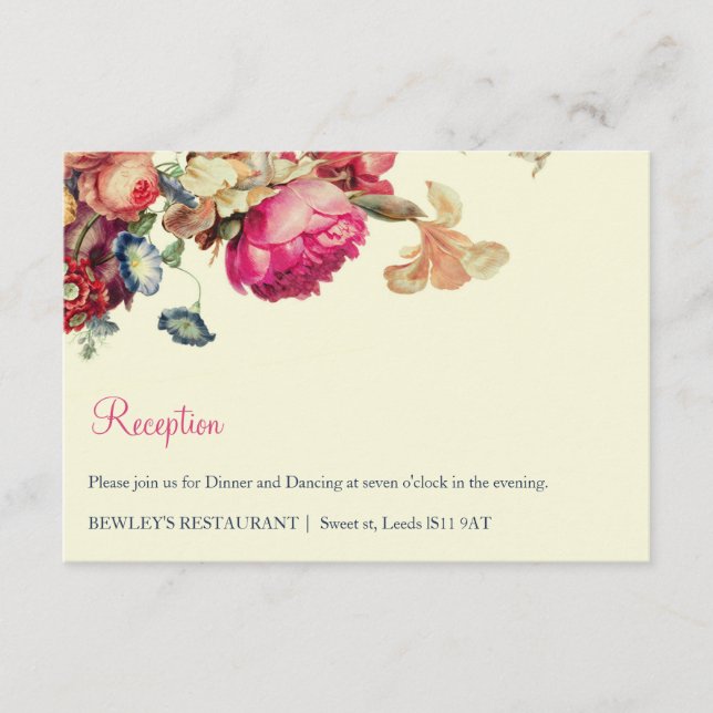 Vintage Floral Wedding Reception Details Card (Front)