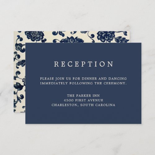 Vintage Floral Wedding Reception  Navy and Cream Invitation