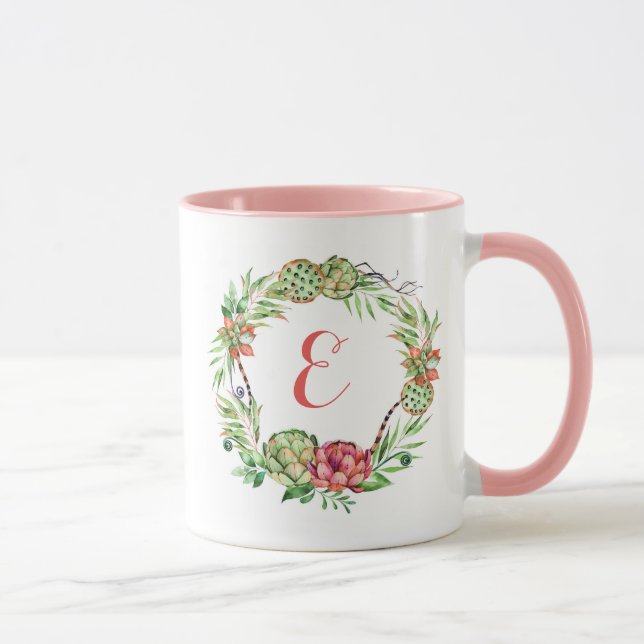 Vintage Floral Wedding Succulent | Monogram Mug (Right)