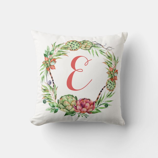 Vintage Floral Wedding Succulent | Monogram Throw Pillow (Front)