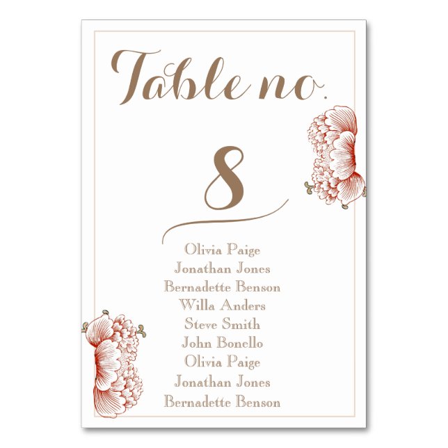 Vintage Floral Wedding Table Seating Chart Cards (Front)