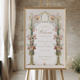 Vintage Floral Wedding Welcome Sign Pink Green