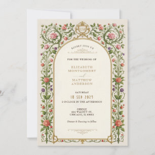 Vintage Floral Wedding with Roses & Ornate Gold Invitation