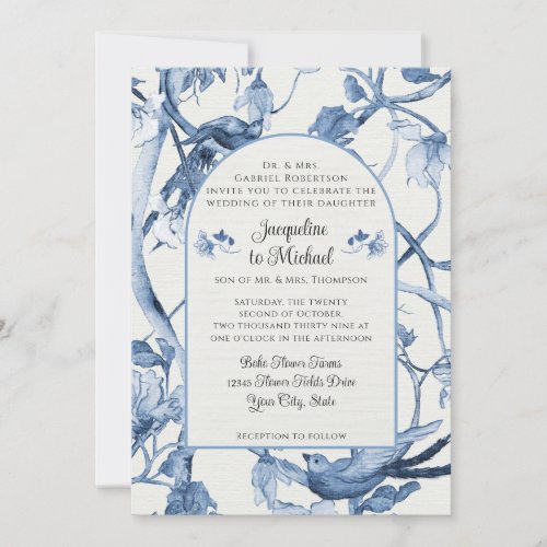 Vintage Floral White and Blue Chinoiserie Wedding Invitation