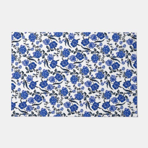 Vintage Floral  White Blue  Gray Decorative Doormat