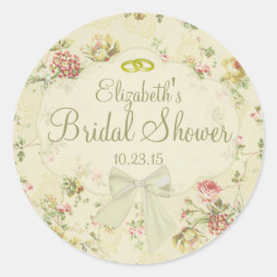 Vintage Floral White Bow Bridal Shower Classic Round Sticker