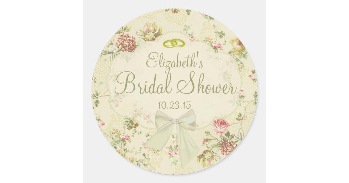Vintage Floral White Bow Bridal Shower Classic Round Sticker | Zazzle
