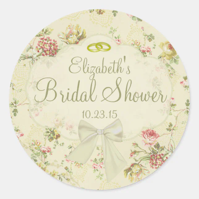 Vintage Floral White Bow Bridal Shower Classic Round Sticker | Zazzle