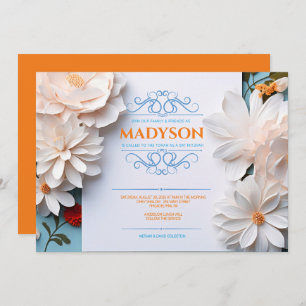 Vintage Floral White Flowers Flourish Bat Mitzvah Invitation