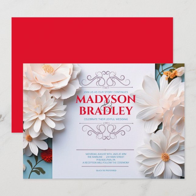 Vintage Floral White  Flowers Flourish Wedding Invitation (Front/Back)