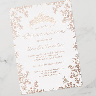 Vintage Floral White Rose Gold Quinceanera Foil Invitation