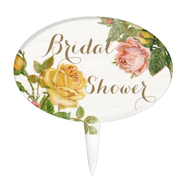 Vintage Floral Whitewash Spring Bridal Shower Cake Topper (Front)