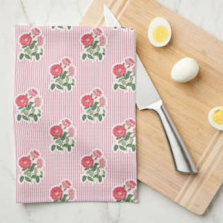 Vintage Floral Wild Roses Pink Striped Kitchen Towel