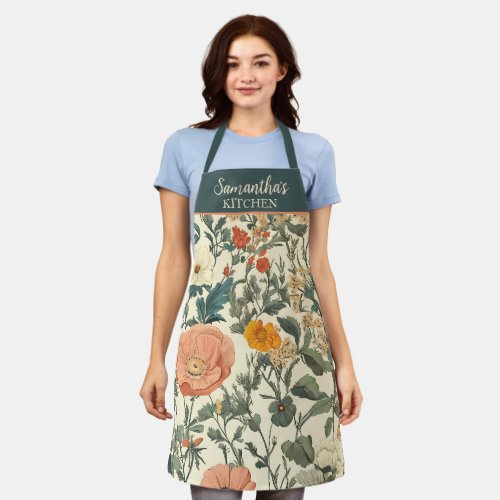 Vintage Floral Wildflowers And Poppies Apron