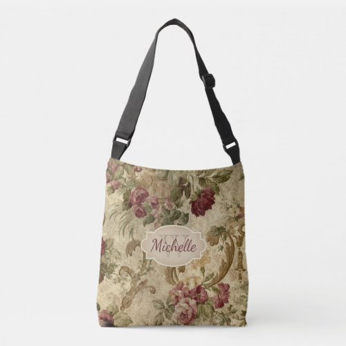 Vintage Floral Wine Rose Monogram  Name Crossbody Bag