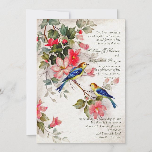 Vintage Floral with Birds Wedding Invitation (Front)