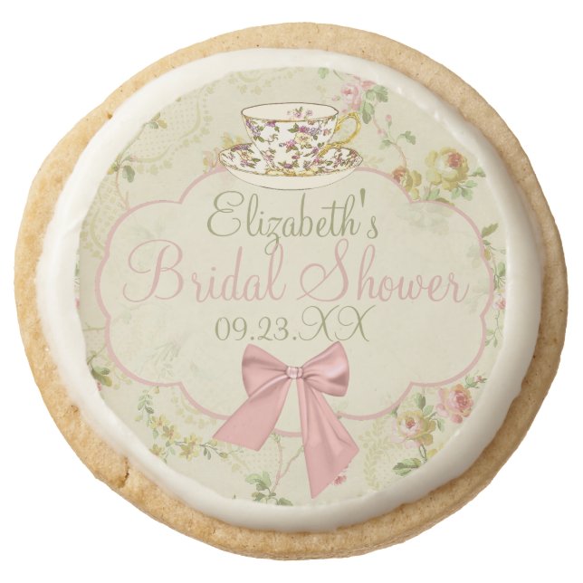 Vintage Floral With Tea Cup Round Shortbread Cookie (Front)
