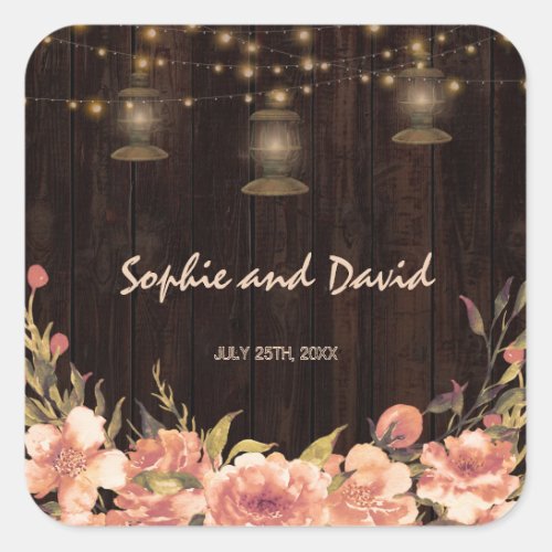 Vintage Floral Wood Old Lanterns Wedding Square Sticker