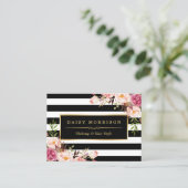 Vintage Floral Wrapping Around Black White Stripes Business Card (Standing Front)