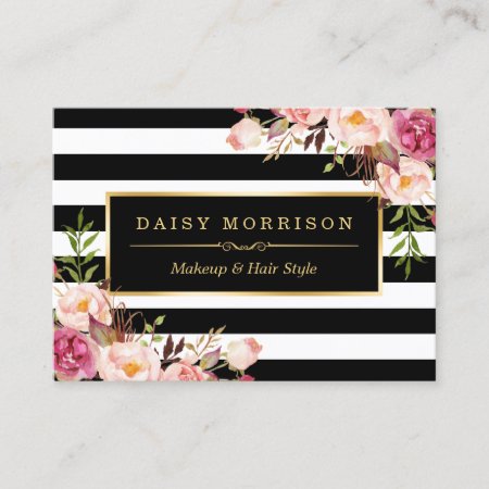Vintage Floral Wrapping Around Black White Stripes Business Card