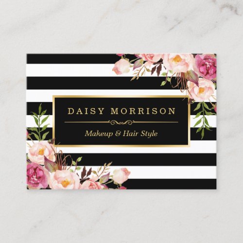 Vintage Floral Wrapping Around Black White Stripes Business Card