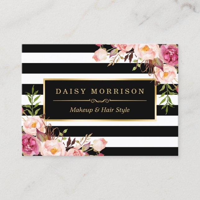 Vintage Floral Wrapping Around Black White Stripes Business Card (Front)
