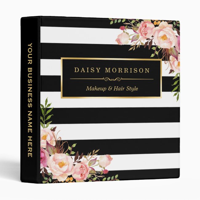 Vintage Floral Wrapping Black White Striped Design 3 Ring Binder