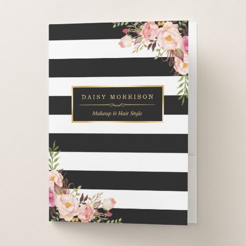 Vintage Floral Wrapping Gold Black White Striped Pocket Folder