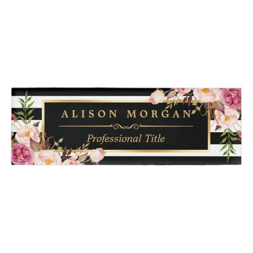 Vintage Floral Wrapping Gold Black White Stripes Name Tag